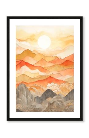 a boho vintage watercolor illustration of a landscape with mountains and sun with orange and gold colors.