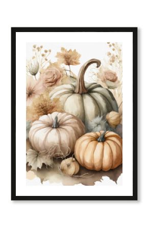 Beautiful watercolor pumpkins in boho tones with decorative seasonal fall flowers, painting illustration