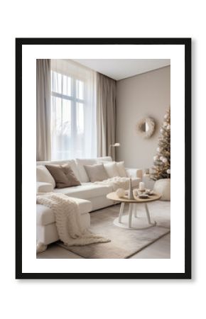 A living luxurary room of a beautiful bright modern Scandinavian style house, christmas deco, generative AI