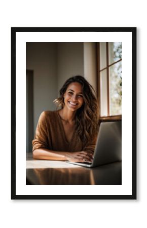 vertical portrait of young woman working on laptop, freelancer girl or student with computer at home on table, looking at camera, modern life concept, homeschooling and homeoffice