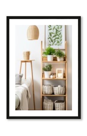 b'A wooden shelf with plants and baskets in a living room'