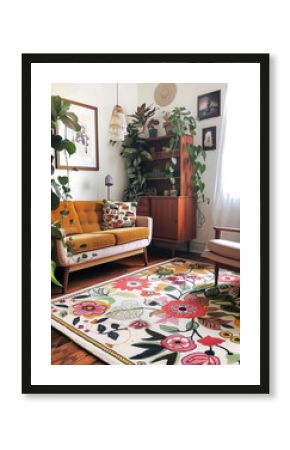 Stylish boho bohemian living room mock up mockup with neutral tones and comfortable tranquil interior design framed wall art and house plants comfortable welcoming decor
