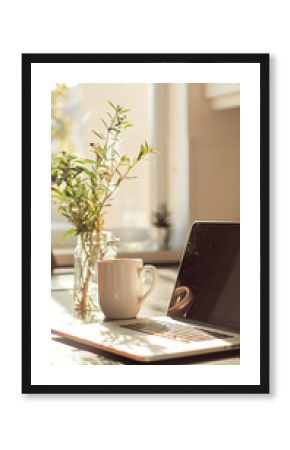 a laptop on top of a countertop, white coffee mug that is away from the laptop, a small vase with a plant near the laptop, kitchen background but is blurred out, natural room lighting with boho feel
