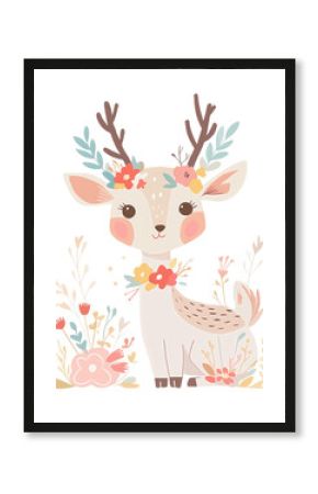 stag in flower garden boho animal nursery cute clipart PNG transparent background, artful illustration 
