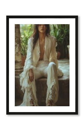 Bohemian Man in Flowing White Outfit Sitting Outdoors