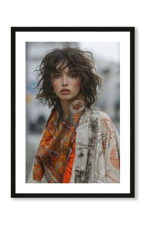 Stylish Young Woman with Windblown Hair and Trendy Scarf in Urban Setting