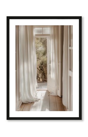 Open door flowing sheer white cream curtains sunlight wooden floor peaceful cozy corridor boho style warm inviting atmosphere organic materials bright and airy vintage aesthetic rustic natural charm 