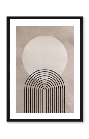 Abstract poster featuring geometric shapes and line art designs, enhanced with a vintage texture. Boho background. Mystical, mysterious art print. 