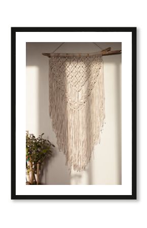 Wall panel in the style of Boho made of cotton threads in natural color using the macrame technique for home decor and wedding decoration. Beautiful boho macrame wall panel will add a cozy atmosphere