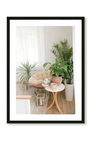 House with cozy boho ethnic interior with plants.