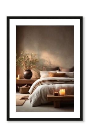 Cozy rustic bedroom interior with natural linen bedding, dried flowers, and candlelight. Warm earthy tones and handcrafted decor create a calming autumn ambiance.