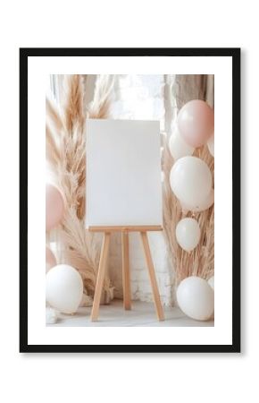 Blank Canvas Mockup with Pampas Grass and Balloons 