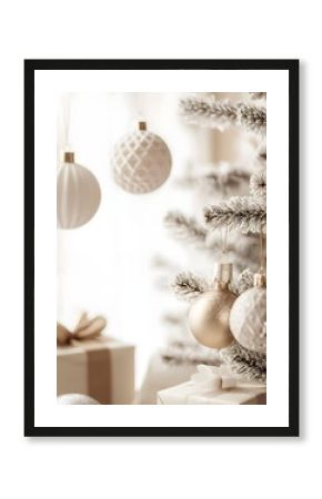 Elegant Christmas interior decor in boho style. Christmas tree decorations and gifts in natural earthy tones.