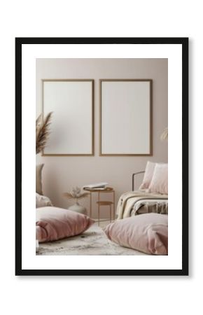 Two blank posters with golden frames on a textured wall with a cozy boho interior design with a beanbag chair. a side table. and pampas grass