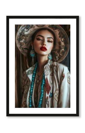 Fashion model wearing wide-brimmed hat, turquoise necklace, and embroidered jacket