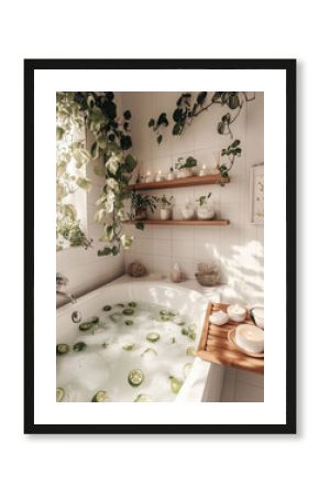 Relaxing bathroom retreat featuring a boho aesthetic with citrus and plants