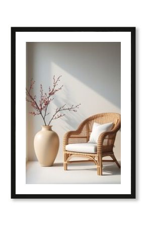 Minimalist interior with a stylish rattan chair and soft cushion beside a large ceramic vase with delicate branches. Sunlight casts warm shadows, creating a peaceful, natural ambiance  
