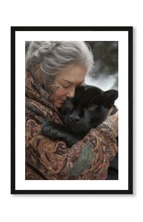 elegant beautiful elderly woman in boho style clothes hugging black panther against winter landscape