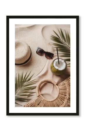 Tropical Beach Flat Lay , Stylish Summer Essentials Flat Lay , Aesthetic Flat Lay Beach Vacation