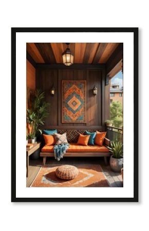 Cozy Balcony Lounge Area with Boho Decor, Orange and Teal Accents