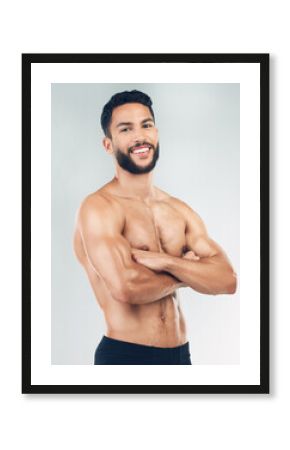 Man, nude fitness portrait and healthcare wellness for body care motivation lifestyle. Young naked sports person, healthy beauty model and exercise bodybuilding training in white background studio