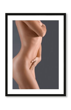 Naked, sexy and nude body of a woman isolated on a black background in a studio. Sexual, natural and erotic girl with nudity, slim and feminine confidence on a studio background with mockup space