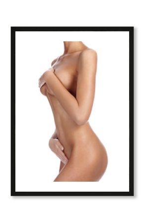 Sexy naked woman with lovely body posing against white background. Skin care concept