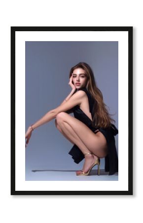 Seductive sexy lovely attractive young sensual woman. High heels near sexy sexy naked woman body. Female sexy shoes. High heels, fashion shoe.