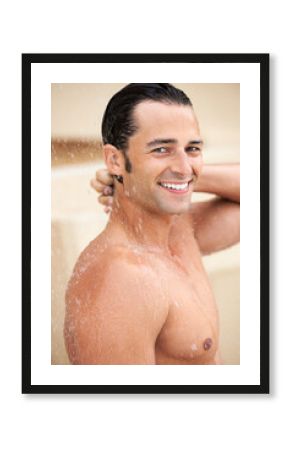 Man, shower and water drop with smile, portrait and bathroom for hygiene, self care and morning for skin routine. Young guy, body cleaning and healthy for skincare, wellness or happiness in apartment