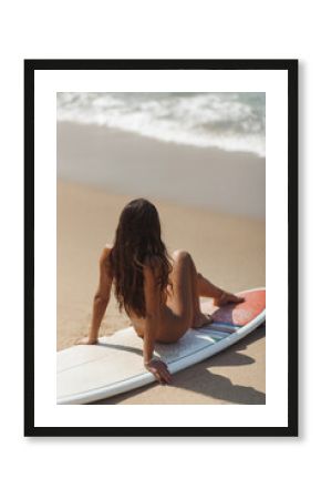Tanned Naked Surf Girl with Surfboard, Good Day for Surfing, Sunbathing on the Beach