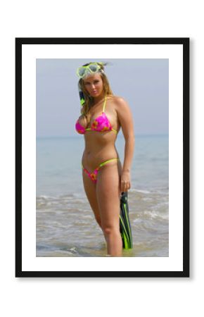 Sexy beach bikini girl wearing scuba gear