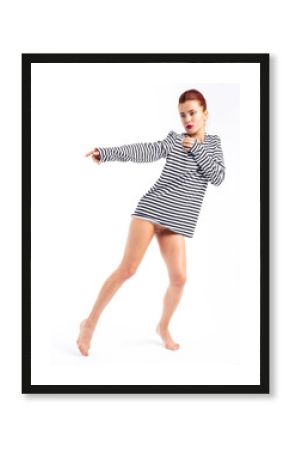 Beautiful slim naked woman isolated on white. Stripes t-shirt