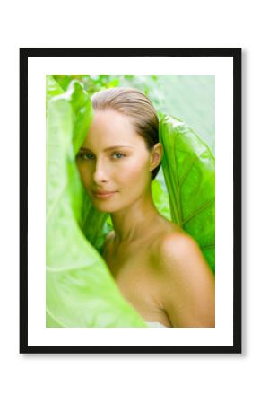 Woman in giant leaves