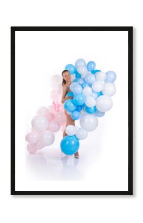 Nude girl with balloons posing on a white background.