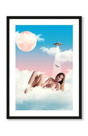 Beautiful young naked woman lying down in clouds under the moon and UFO. Futuristic synthwave style, model on glitch wave, vapowave background. Electrowave design, art nude naked and beauty.