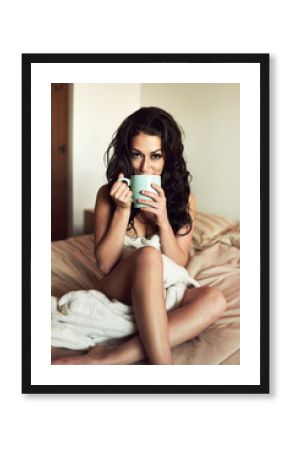 Coffee, relax and naked woman on bed in morning on vacation, getaway or holiday with warm beverage. Rest, cappuccino and portrait of female person with blanket in hotel room drinking latte on trip.