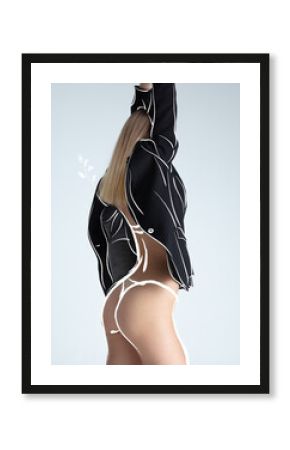 Floral. Young beautiful naked woman with line art drawing illustration on body. Inclusive beauty. Caucasian model's nude portrait, fit and tender. Artwork, creativity, inspiration, beauty concept.