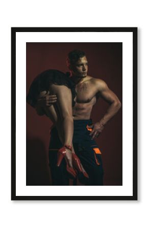 Sexy young couple body at night. Temptation sexy couple. Man holding naked woman with long legs.