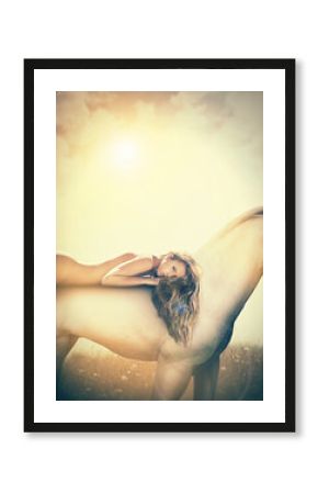 Atop her steed. Illustration of a stunningly beautiful naked woman on a horse.