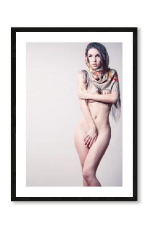 beautiful naked girl in a beautiful scarf