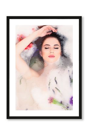 woman with flowers in the foam bath
