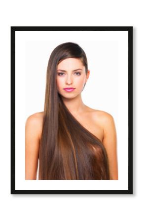 Beauty, hair and portrait with model isolated on white background for keratin or shampoo treatment. Cosmetics, glow and haircare with naked woman in studio for natural or organic growth and volume