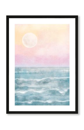 Boho Sea Beach with Waves and Sun Print. Abstract Background. Bohemian printable wall art, boho poster, pastel abstract art, landscape drawing, sea painting. Hand Drawn Effect