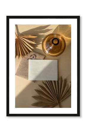 Blank uncoated paper card isolated on beige boho style background 