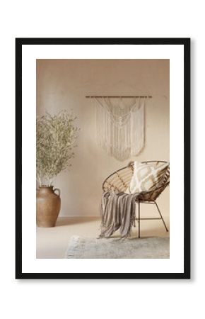 3d bohemian interior with boho macrame wall hanging decor and a round rattan chair with ikat cushion