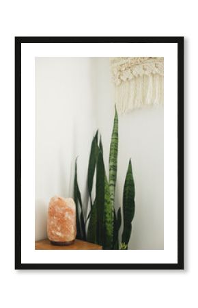 Stylish salt lamp on wooden bedside table on background of snake plant and boho decor in white scandinavian room. Calm and relax details in boho bedroom. Air purifying