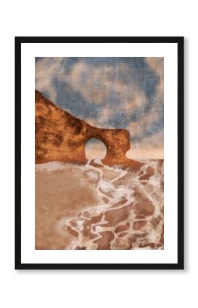 Boho Sea Beach with Waves Print and Clif. Abstract Background. Bohemian printable wall art, boho poster, pastel abstract art, landscape drawing, sea painting. Hand Drawn Effect