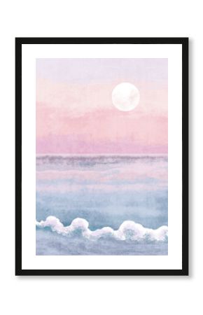 Boho Sea Beach with Waves Print. Abstract Background. Bohemian printable wall art, boho poster, pastel abstract art, landscape drawing, sea painting. Hand Drawn Effect