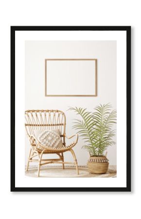 Horizontal wooden frame mockup in warm neutral beige room interior with wicker armchair, boho pillow, palm plant in woven basket and jute rug with tassels. Illustration, 3d rendering