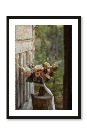 Boho style wedding bouquet with roses, dry flowers and eucalypthus.